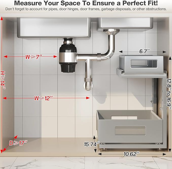 1 Pack 15.74IN-Depth Under Sink Organizer With Next-Gen Ball-Bearing Slides,2-Tier Pull Out Cabinet Storage,Height Adjustable Drawer Shelf for Bathroom,Kitchen,Laundry,Cabinet,Pantry-Gun Gray