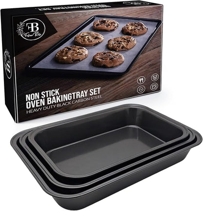 Fusion Bliss Nonstick Baking Sheets Set – 3-Piece Heavy Duty Carbon Steel Oven Pans for Roasting & Cookie Baking – Deep Rimmed Cookie Sheet Pan Set – Kitchen Cookware Essentials
