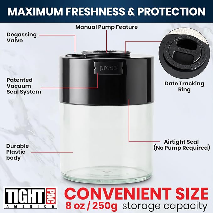 COFFEEVAC Pump It Out Airtight Coffee Container – Vacuum Storage Container for Ground Coffee Beans – Patented Vacuum Seal with Degassing Valve, 1/2 lb, Black/Clear