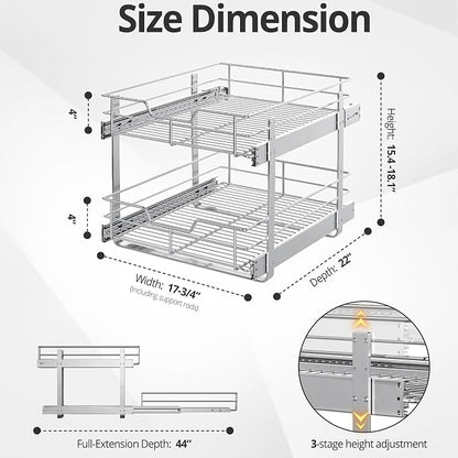 ZOINLIY Pull Out Cabinet Organizer, Versatile Slide Out Kitchen Organizers and Storage,Heavy Duty Drawer Cupboard Storage Basket, Smooth Sliding, Chrome Finish (2-Tiers-17¾''W×22“D)