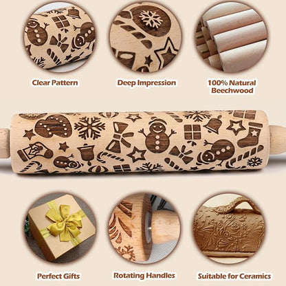 Christmas Embossed Rolling Pin for Baking Cookies Embossing Rolling Pins with Design Wooden Engraved Springerle Roller Pin Dough Patterned Clay Pottery Ceramic Bakers Women Kids (Snowflake & Snowman)