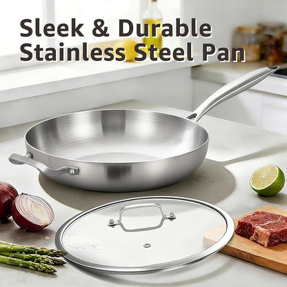 Inqibee 12 Inch Tri-Ply Stainless Steel Frying Pan with Lid and Helper Handle, Skillet, Induction Cooking Pan, Dishwasher and Oven Safe, Detachable Handle.
