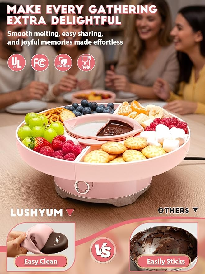 LUSHYUM Chocolate Fondue Pot Set Electric Melting Machine, 4-Cup Capacity 4 Trays 6 Forks 1 Spatula Cheese Warmer, Ideal Gift for Couple Family & Date Night Idea House Warming Holidays Essentials