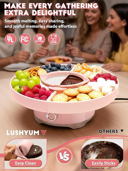 LUSHYUM Chocolate Fondue Pot Set Electric Melting Machine, 4-Cup Capacity 4 Trays 6 Forks 1 Spatula Cheese Warmer, Ideal Gift for Couple Family & Date Night Idea House Warming Holidays Essentials