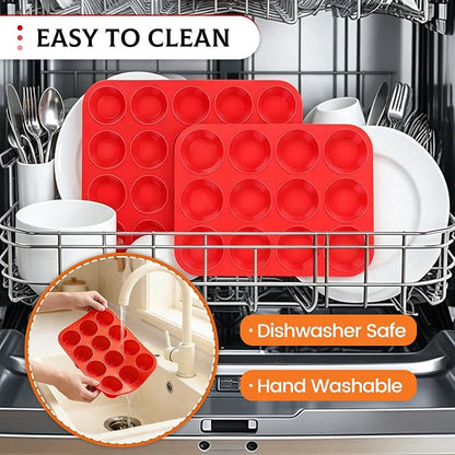 Silicone Muffin Pan, Mini Muffin Pan, Regular 12 Cups and Mini 24 Cups Cupcake Tin Set of 2 for Baking Egg Bites