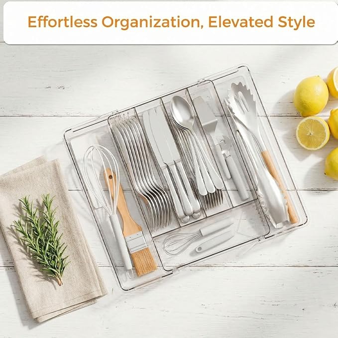 Expandable Silverware Organizer for Drawer, Clear Acrylic Utensil Organizer with Adjustable Compartments, Large Kitchen Drawer Organizer Tray for Cutlery, Flatware & Utensils Storage