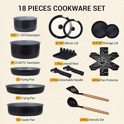 Ammeloo 18-Piece Ceramic Pots and Pans Set Non Stick, Non Toxic Cookware Set with Removable Handles, Pot Sets for Cooking, Induction Ready, Dishwasher & Oven Safe, PFAS PFOA & PTFE Free (Black)