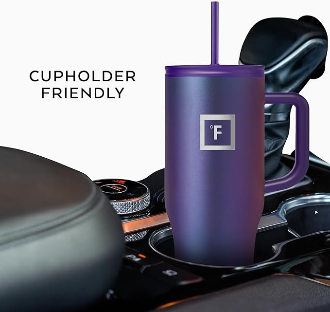 IRON °FLASK Co-Pilot Insulated Mug w/Straw & Flip Cap Lids - Cup Holder Bottle for Hot, Cold Drink - Leak-Proof - Water, Coffee Portable Travel Mug - Apple Green, 32 Oz