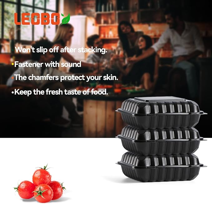 8 Inch 34oz 55-Pack Black To Go Boxes - Shrink Wrapped No Pre-Wash | BPA Free Sturdy Reusable & Elegant | Microwave Safe for Hot Meals, Leftovers & Events | Disposable Takeout Food Containers