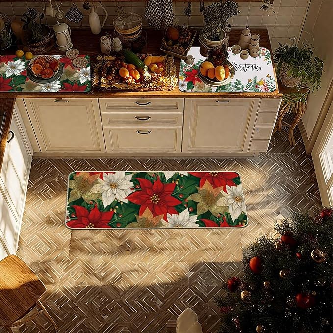 Baccessor Poinsettia Christmas Dish Drying Mat with 4PCS Coasters,2PCS Kitchen Bar Mat Coffee Mat Accessories Fits Under Coffee Maker and Pot,Holly Winter Farmhouse Bar Mat Detachable
