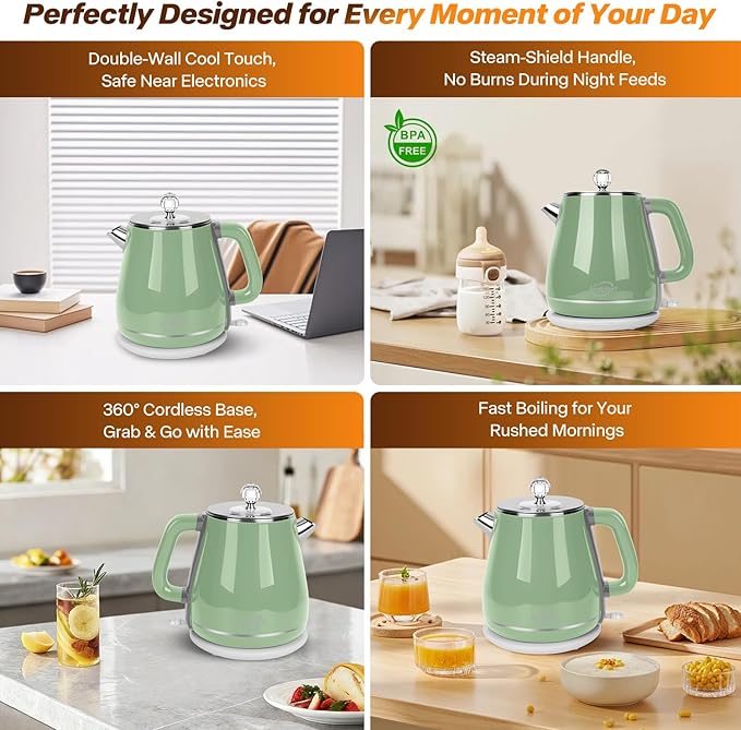 Retro Electric Kettle 1.8L, All Stainless Steel Hot Water Electric Kettle for Boiling Water, BPA Free Tea Kettle, 1350W Fast Boil, Auto Shut Off & Boil-Dry Protection