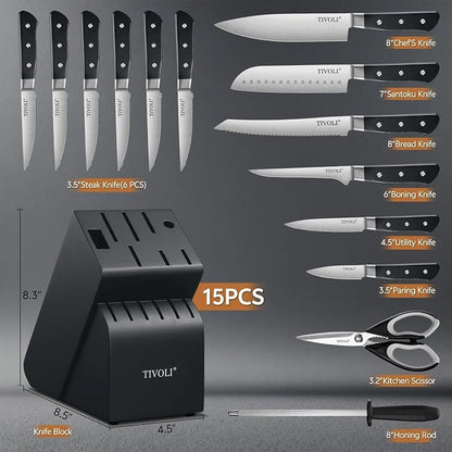 TIVOLI 2025 Knife Set 15 PCS High Carbon Stainless Steel Kitchen Knife Sets with Block & Honing Rod, Premium Razor-Sharp Black Knives Block Set for Kitchen, Ergonomic Full-Tang Handle