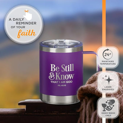 Christian Art Gifts Reusable Stainless Steel Double Wall Vacuum Insulated Camp Style Travel Mug w/Handle for Women: Be Still & Know Inspirational Bible Verse, BPA-free Retractable Lid, Purple, 11 oz.