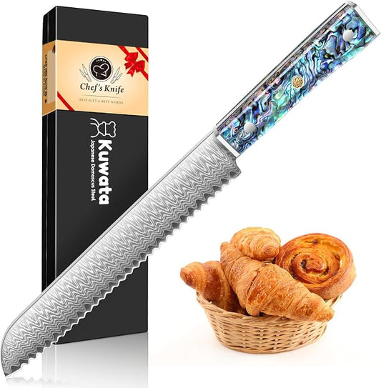 Kuwata Bread Knife for Homemade Bread, 8 Inch Multifunction Serrated Knife, Razor Sharp Slicer, Forged High Carbon Steel, Full Tang Ergonomic Handle Design for Sourdough Turkey Fruit