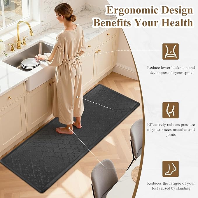 HEBE Kitchen Mat Cushioned Anti Fatigue Comfort Floor Mat Oversized 17.3"x48" Waterproof Non Slip Kitchen Rug Runner Laundry Room Rug Floor Carpet Heavy Duty Comfort Standing Mat Pads, Black