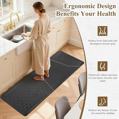 HEBE Kitchen Mat Cushioned Anti Fatigue Comfort Floor Mat Oversized 17.3"x48" Waterproof Non Slip Kitchen Rug Runner Laundry Room Rug Floor Carpet Heavy Duty Comfort Standing Mat Pads, Black