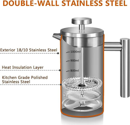 Large French Press Coffee Maker 50oz (1.5L), 304 Stainless Steel Double Wall Insulated Coffee Press for Camping, Backpacking, Party, Travel, Gift Set, Dishwasher Safe (Silver, 6-8 Cups)