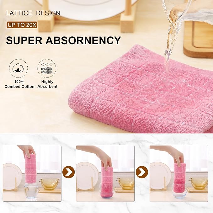Mordimy 100% Cotton Terry Cloth Kitchen Towels, Super Soft and Absorbent Dish Towels for Drying, Checkered Designed Hand Towels for Kitchen, 13 x 28 Inches, 4 Pack, Pink