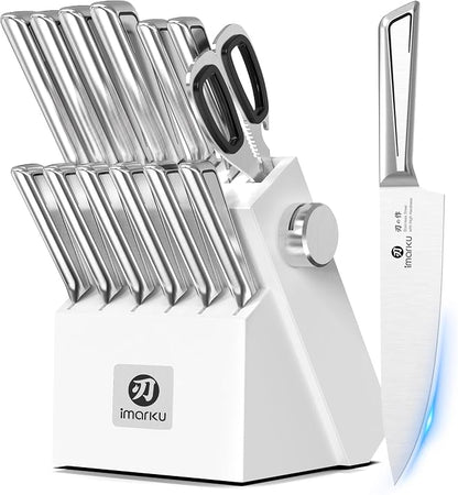 imarku 14-Piece Knife Set with Block, Built-in Sharpener, High Carbon Stainless Steel Kitchen Knives, Dishwasher Safe, Rust Resistant, Non-Slip Handle – Gift for Home Cooks & Chefs, White
