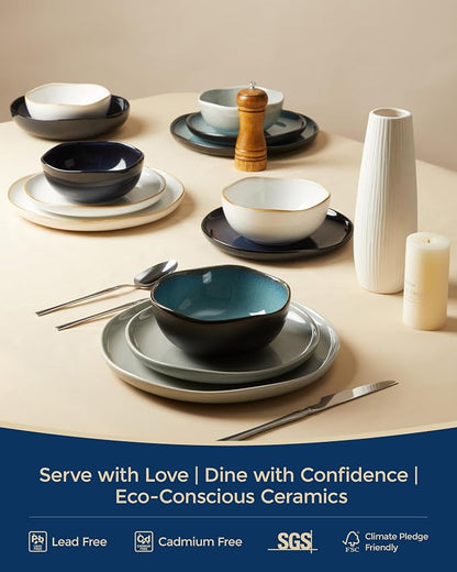 Pokini Extra Large Dinnerware Set for 12, 36 Pieces Ceramic Plates and Bowls Set, Kitchen Dish Set, Microwave & Dishwasher Safe Dishware, Ocean-Inspired Stoneware for Big Gatherings, Starry Blue