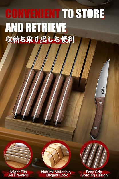 Huusk Steak Knives Set of 6 with Drawer Organizer-4.5 in Japanese Serrated Steak Knife Set with Block, Serrated & Straight Dual-Edge, Stainless Steel Steaks Knives with Holder, Fathers Day Gift Idea
