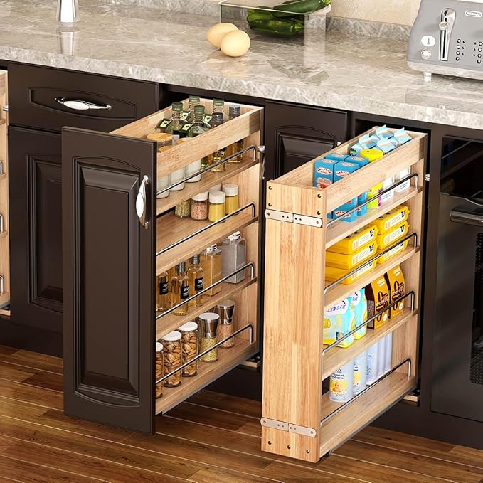 OCG 4 Tier Pull Out Spice Rack Holder Shelves (8" W x 22" D), spice organization for cabinet Storage Organization, pull out spice racks for inside cabinets