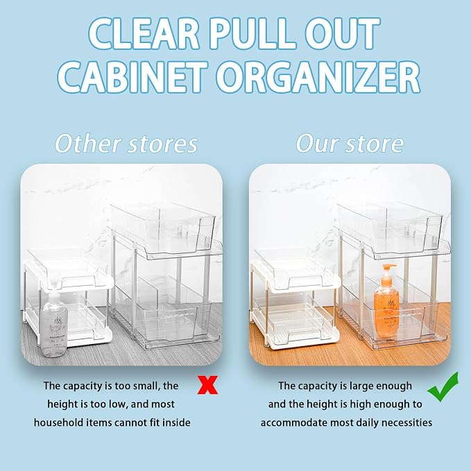 SuoXing 2 Pack 2 Tier Under Cabinet Bathroom Storage,Large 12.4″ Deep Under Sink Organization With Dividers,Clear Pull Out Organizers for Kitchen,Undersink Storage for Hair Products,Towel and Makeup