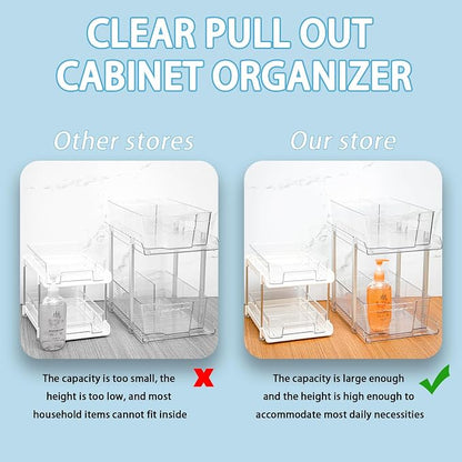 SuoXing 2 Pack 2 Tier Under Cabinet Bathroom Storage,Large 12.4″ Deep Under Sink Organization With Dividers,Clear Pull Out Organizers for Kitchen,Undersink Storage for Hair Products,Towel and Makeup