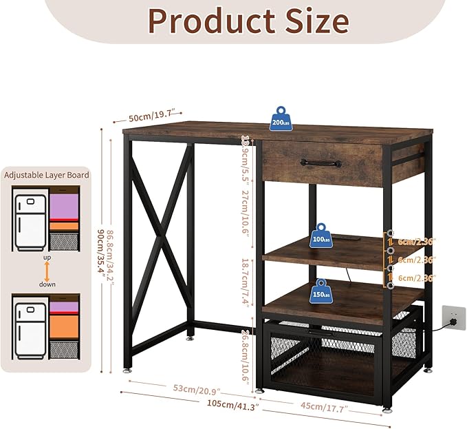 METYERRY Kitchen Bakers Rack with Power Outlet, Microwave Stand with Drawer, Mini Fridge Stand with Adjustable Shelves,Mini Fridge Cabinet Suitable for Dining Room, Dorm,Home, Rustic Brown