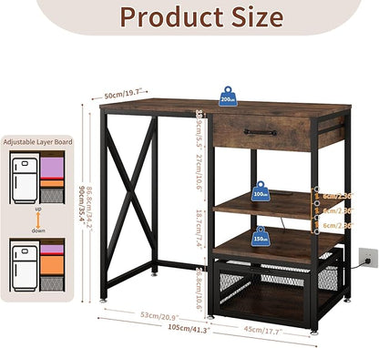 METYERRY Kitchen Bakers Rack with Power Outlet, Microwave Stand with Drawer, Mini Fridge Stand with Adjustable Shelves,Mini Fridge Cabinet Suitable for Dining Room, Dorm,Home, Rustic Brown