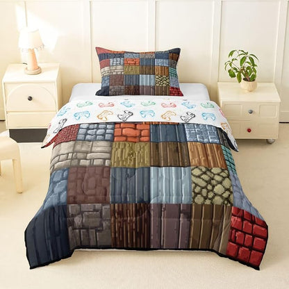 Manfei Cartoon Gamepad Bedding Set Toddler Size -Block Theme Comforter Set for Kids Teens Bedroom Decor Video Game Soft Polyester Quilt Duvet Vintage Wooden Plank Duvet Insert,1 Pillowcase
