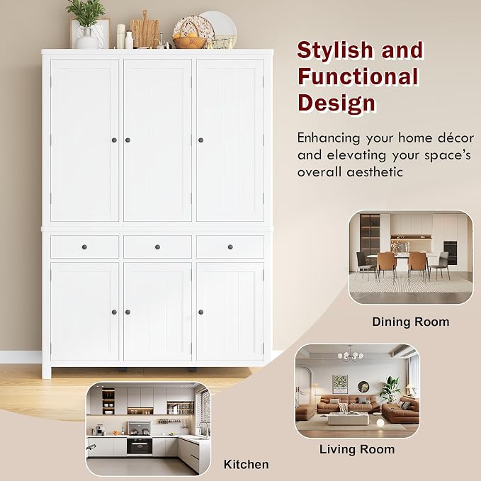 74.8''H High Freestanding Kitchen Pantry, Wooden Kitchen Organizers Cupboard Storage Cabinet with Door Shelves, Adjustable Shelves, Pull-out Trays and Drawers for Dining Room Living Room (White-2.12)