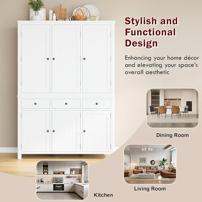 74.8''H High Freestanding Kitchen Pantry, Wooden Kitchen Organizers Cupboard Storage Cabinet with Door Shelves, Adjustable Shelves, Pull-out Trays and Drawers for Dining Room Living Room (White-2.12)