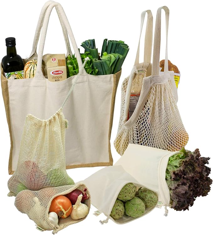 Simple Ecology Reusable Farmers Market Shopping 6 Bag Gift or Starter Set, Durable, Organic Cotton and Jute, Natural with Brown