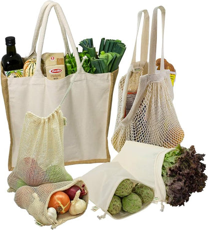 Simple Ecology Reusable Farmers Market Shopping 6 Bag Gift or Starter Set, Durable, Organic Cotton and Jute, Natural with Brown