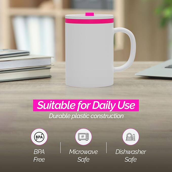 Copco Iconic 16oz Double Wall Insulated Desk Mug with Lid and Handle, Set of 2, BPA-Free Reusable Plastic, Spill-Resistant, Microwave & Dishwasher Safe, Wide Mouth (Pink)