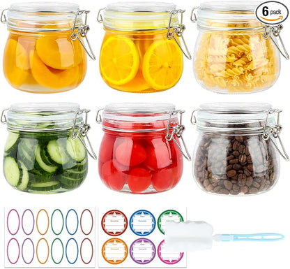 HINGWAH 16 oz Glass Jars with Airtight Lids, 6 Pack Wide Mouth Mason Jars with Clamp Lids for Kitchen Canisters, Food Storage Containers for Pickling, Coffee, Spices, Sugar, Herbs
