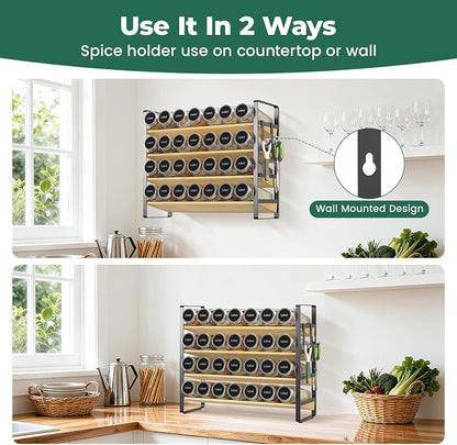 EsLuker.ly Spice Seasoning Rack Organizer Kitchen Countertop, 4 Tier Bamboo Spice Shelf Holder Storage with 4 Hooks, Wall Mounted Freestanding Stand for Pantry, Quick Spice Access(Jars Not Included)