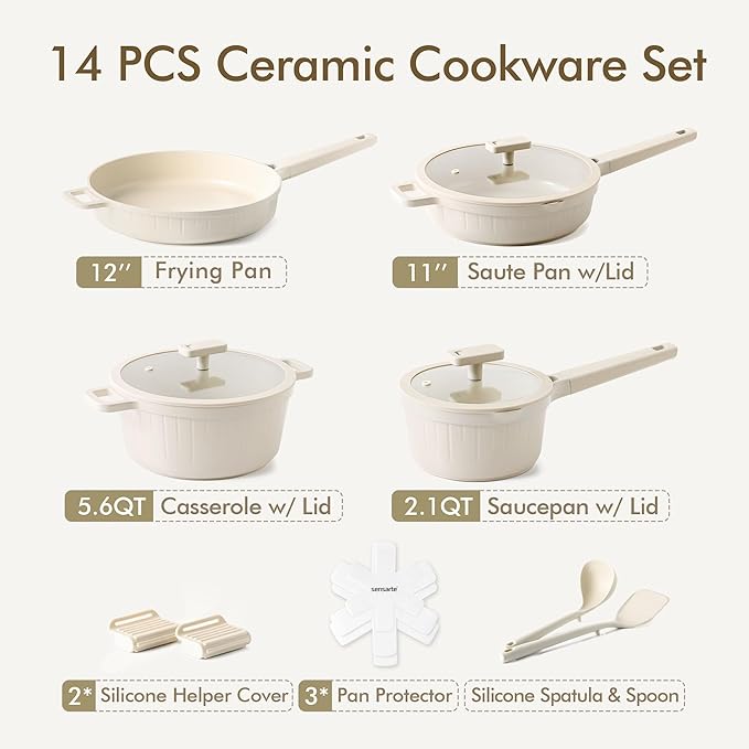 SENSARTE 14 Pcs Pots and Pans Set Nonstick, Non toxic Ceramic Cookware Set with Nanoscale Dense Coating, High Heat Resistant Induction Cookware, Healthy Kitchen Cooking Set, PFOA/PFAS/PTFE Free