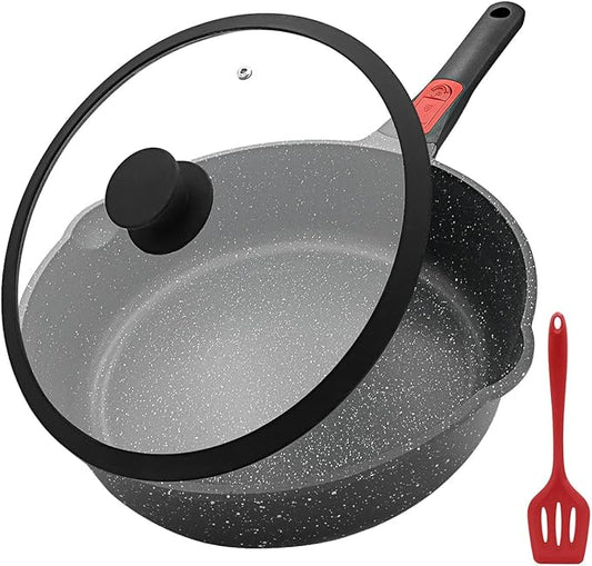 AIKENBBKK 12 Inch Deep Frying Pan Skillet Nonstick with Lid, 5 QT Saute Pan, Non Stick Frying Pan, Compatible with All Stovetops, Detachable Handle, Oven Safe, PFOA PFOS Free, Black