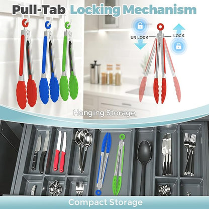 Small Cooking Tongs 7 inch Mini Serving Tongs with Silicone Tips, Set of 3 (Red + Green + Blue)