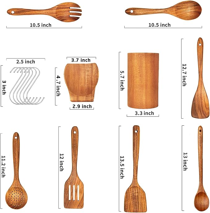 Wooden Spoons for Cooking, 9Pcs Natural Teak Wooden Utensils for Cooking Wooden Kitchen Utensils Set and Holde Cooking Utensils Set(9 Pcs)