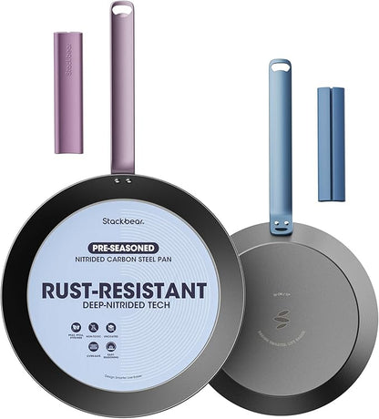 Carbon Steel Skillet Set 10 & 12 Inch, Nitrided Carbon Steel Frying Pan Duo, Preseasoned Rust Resistant Cookware, Induction & Oven Safe Kitchen Set