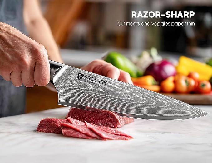 BRODARK Damascus Chef Knife 3 PCS, VG10 Steel Full Tang Sharp Professional Japanese Chef Knife Set for Kitchen, Ergonomic Pakkawood Handle Damascus Knife Set with Gift Box