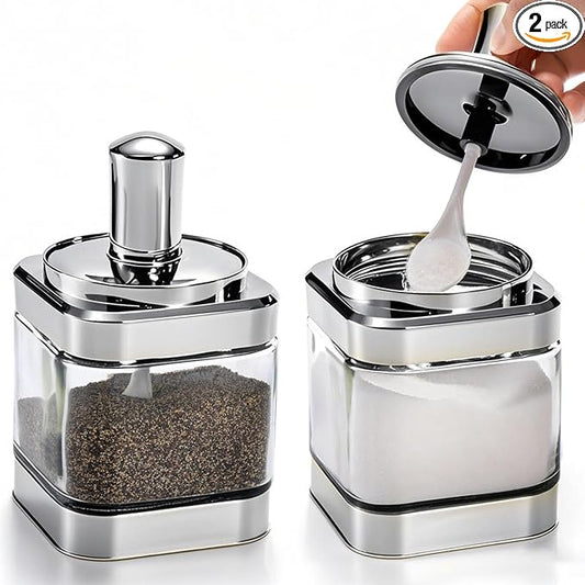 2 Pack Glass Condiment Pot, 12 Ounce Spice Jars with Spoon, Seasoning Box Set Salt Container, Sugar Dispense, Kitchen Containers for Flour and Sugar (Silver)