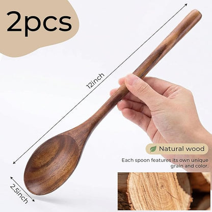 HANSGO Wooden Spoons for Cooking, 2PCS Acacia Wood Kitchen Utensil, 12Inch Wood Serving Spoons for Nonstick Pans, Comfort Grip, Durable, Heat Resistant, Kitchen Gifts for Women, Cooking Gifts for Men
