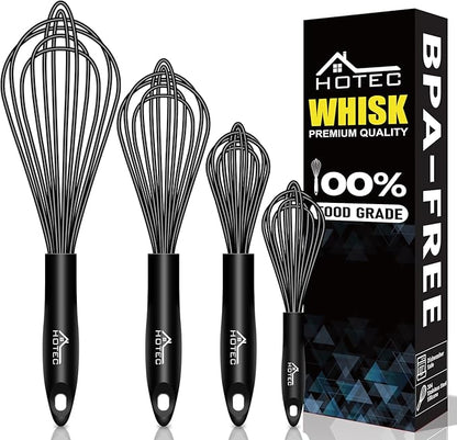 HOTEC 4 Pieces Silicone Whisks Set, Wire Balloon Whisks for cooking Egg Beater, Non-slip Handle Whisk for Non-stick Cookware Perfect for Cooking, Stirring, Beating and Blending,Black