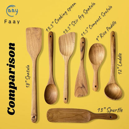 FAAY 9” Rice Paddle, Serving Spoon, Versatile Cooking Spoon – Handcraft from High Moist Resistance Golden Teak Wood | Durable, Healthy, Ergonomic Handle for Non Stick Cookware