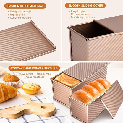 2Pack Loaf Pans with Lids – 2.2 LB & 1 LB Dough Capacity, Non-Stick Carbon Steel Bread Pans for Homemade Sandwich and Sourdough Bread, Corrugated Toast Mold