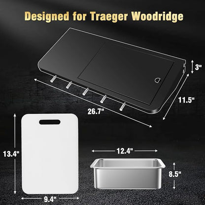 Upgraded Folding Front Shelf for Traeger Pro 22 & Pro 575, Ironwood 650 – All-in-One Grill Prep Table with Stainless Steel Basin, Cutting Board, Lid & 5 Hooks, Heavy-Duty Replacement for BAC362